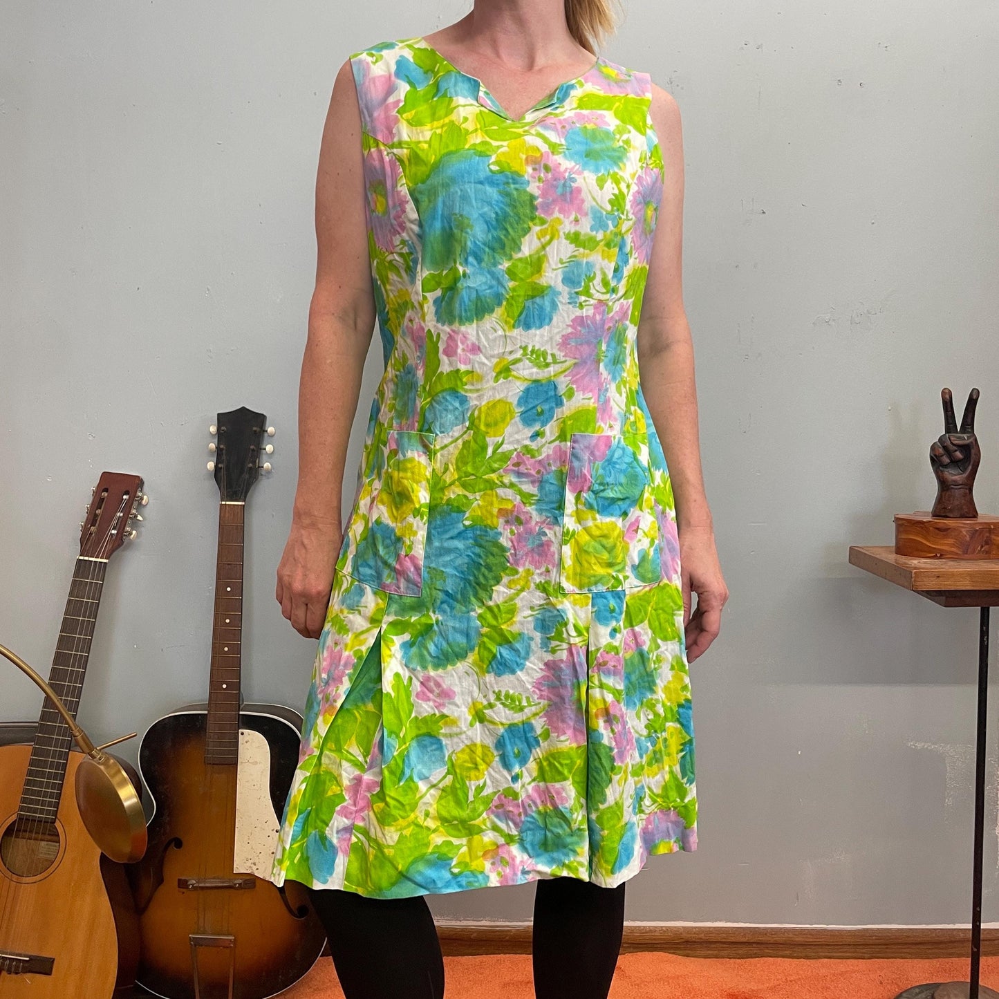 vtg 60s PASTEL FLORAL DRESS // soft rayon cotton watercolor pocket shift dress neon green mod retro flower power smock pleated mini scooter