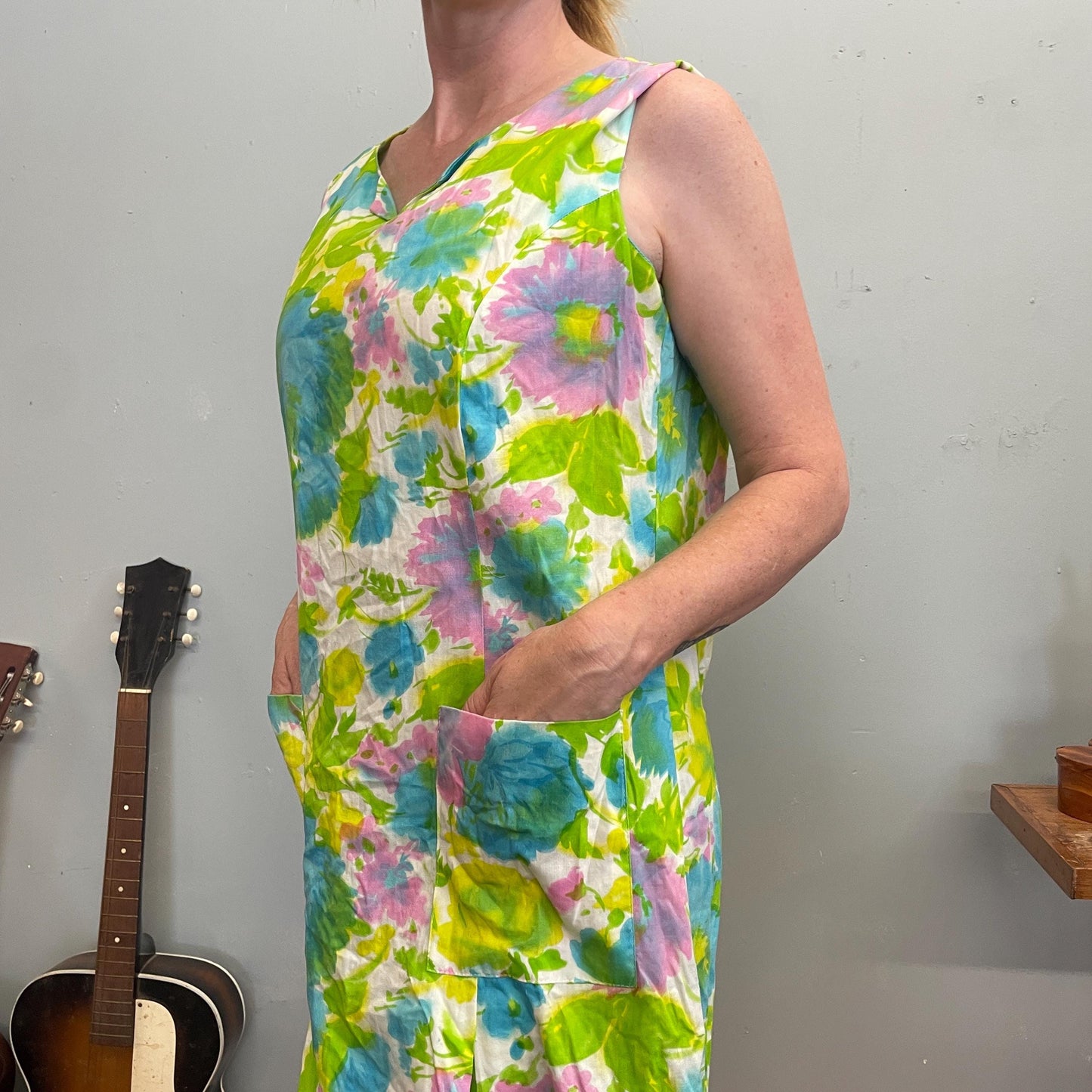 vtg 60s PASTEL FLORAL DRESS // soft rayon cotton watercolor pocket shift dress neon green mod retro flower power smock pleated mini scooter