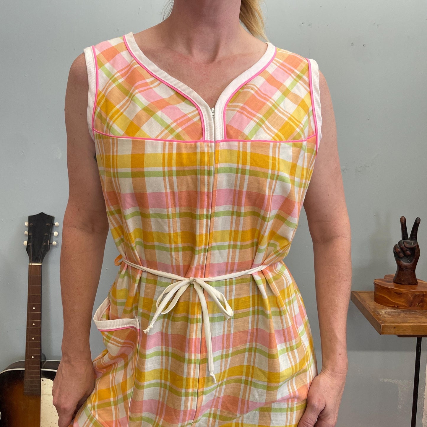 vtg 70s PASTEL BELTED DRESS // madras plaid bright neon curvy neckline belted smock day dress with pockets house dress apron cute cover up