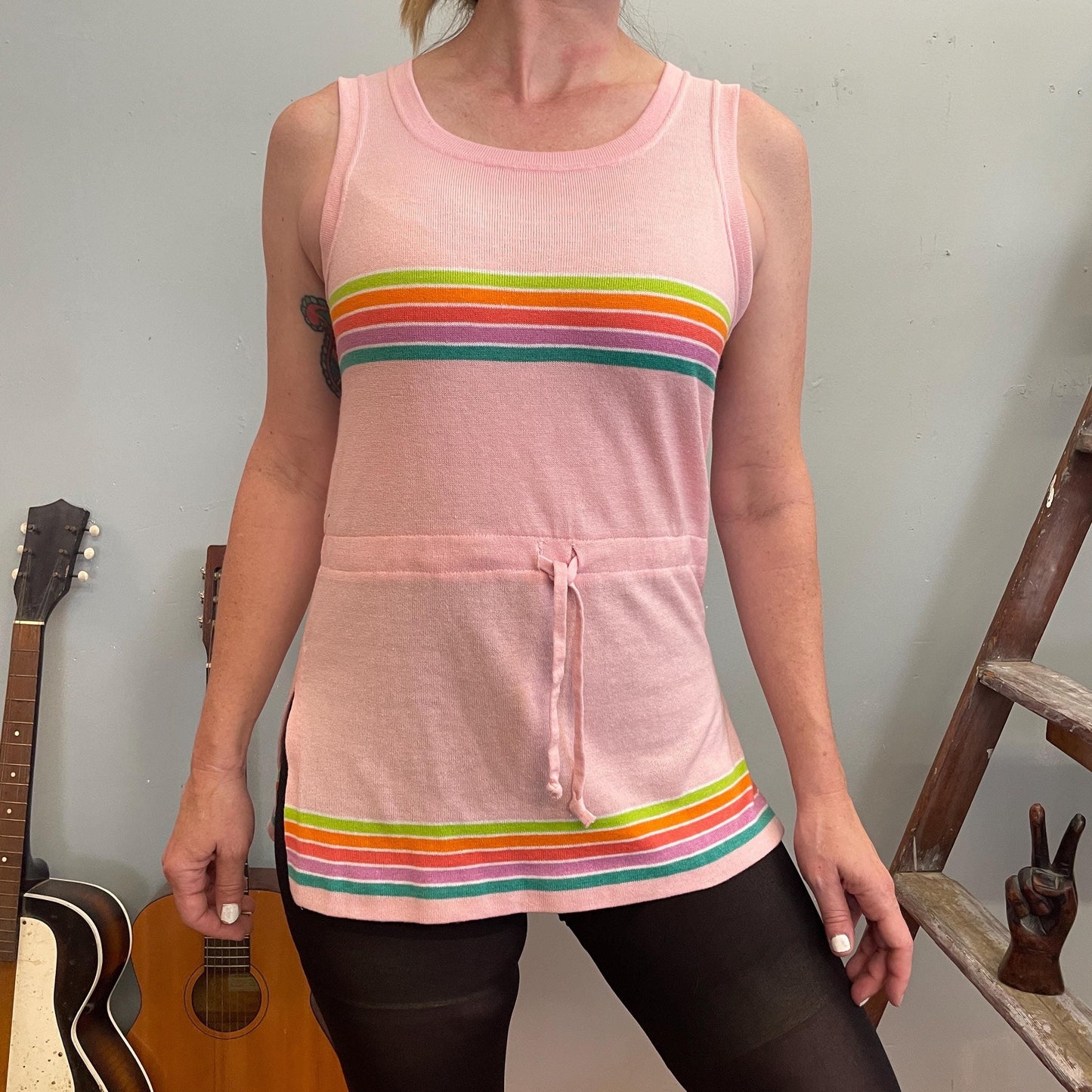 vtg 90s STRIPED MINI DRESS / baby pink 70s retro color way cinch belt side slits micro mini beach dress cover up 90s does 70s roller disco