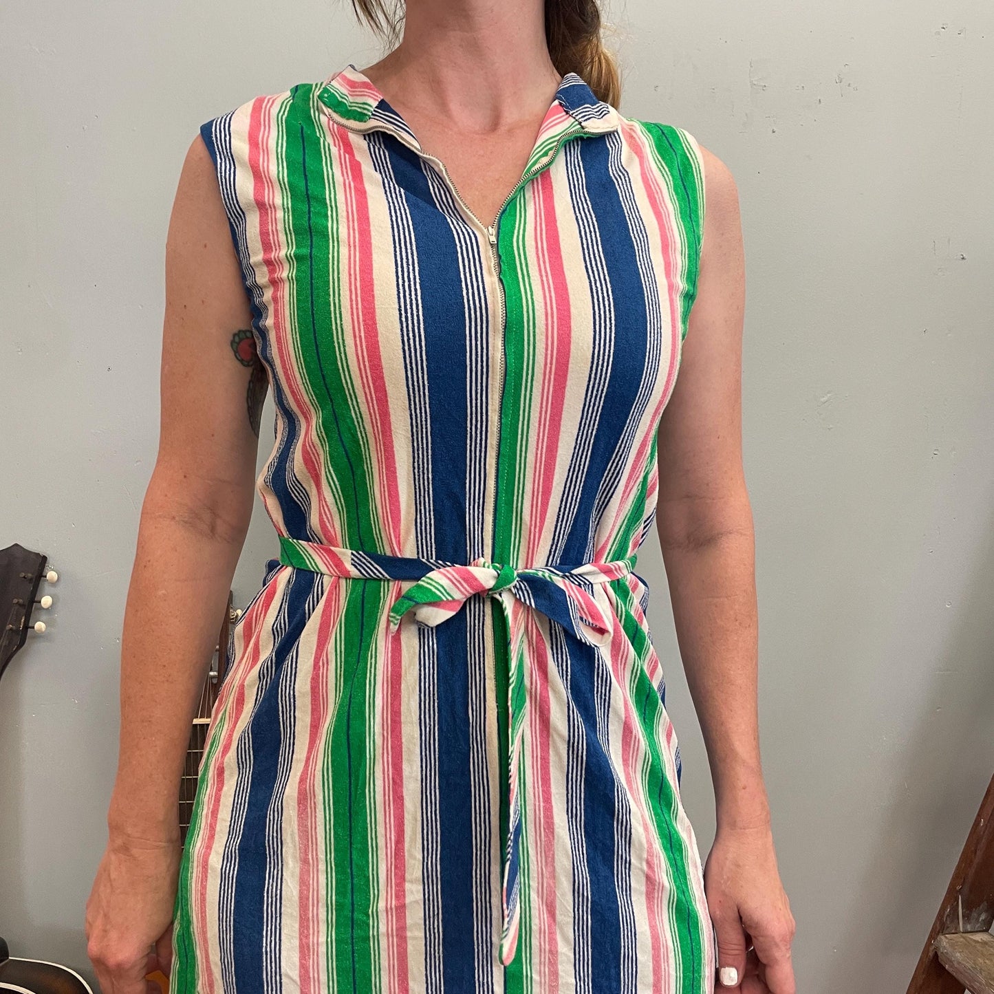 vtg 70s STRIPED TOWEL DRESS / candy striped belted mini dress bright neon beach cover up zip up fun funky 70s roller disco shift dress cute