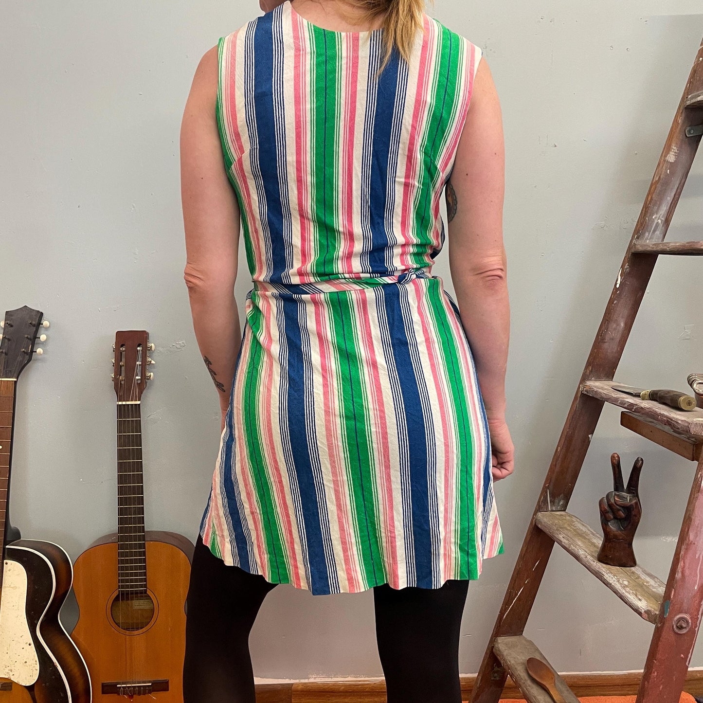 vtg 70s STRIPED TOWEL DRESS / candy striped belted mini dress bright neon beach cover up zip up fun funky 70s roller disco shift dress cute