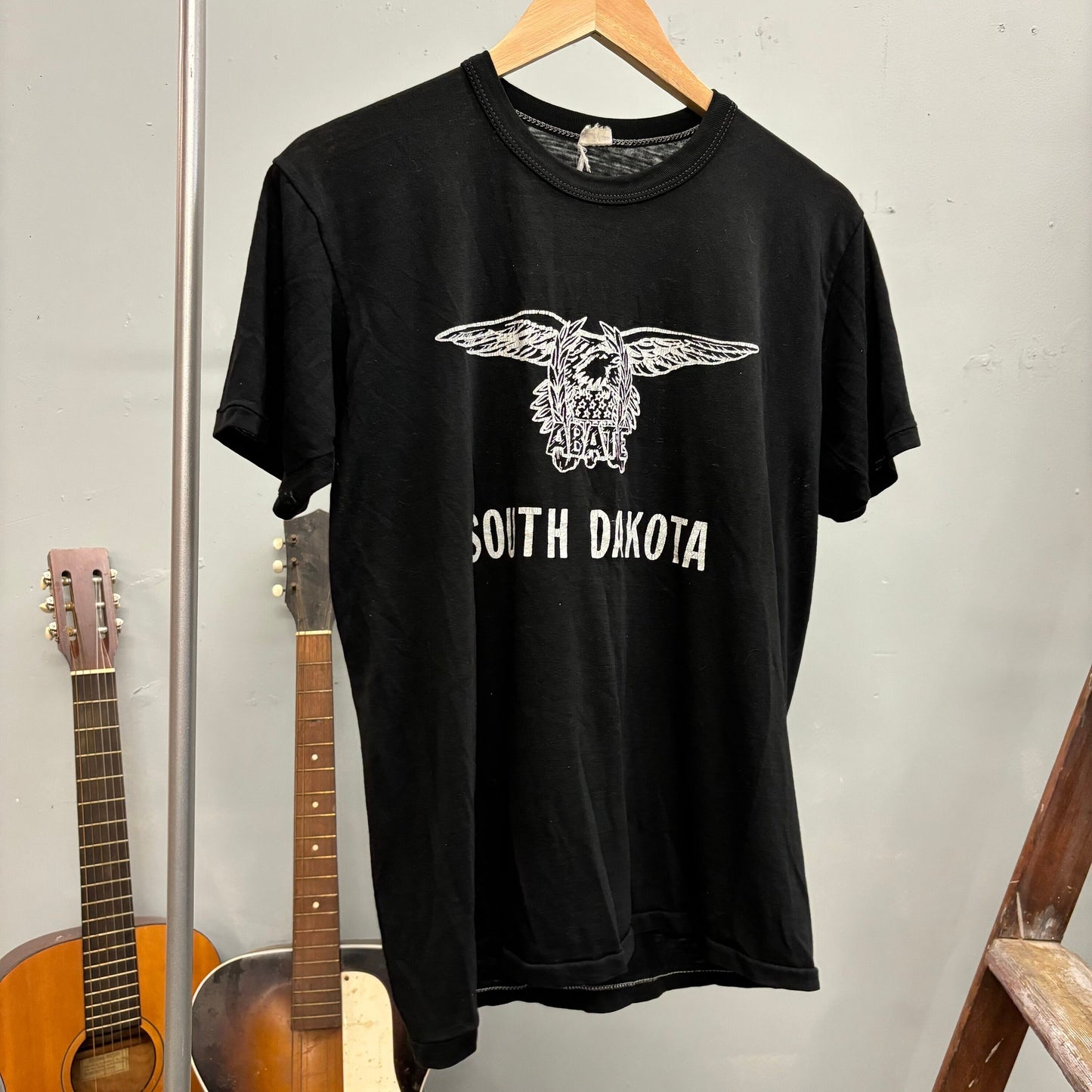 vtg 80s ABATE SOUTH DAKOTA black tshirt // vintage thin tee biker road trucker eagle harley davidson 3d emblem style outlaw gang sd sturgis