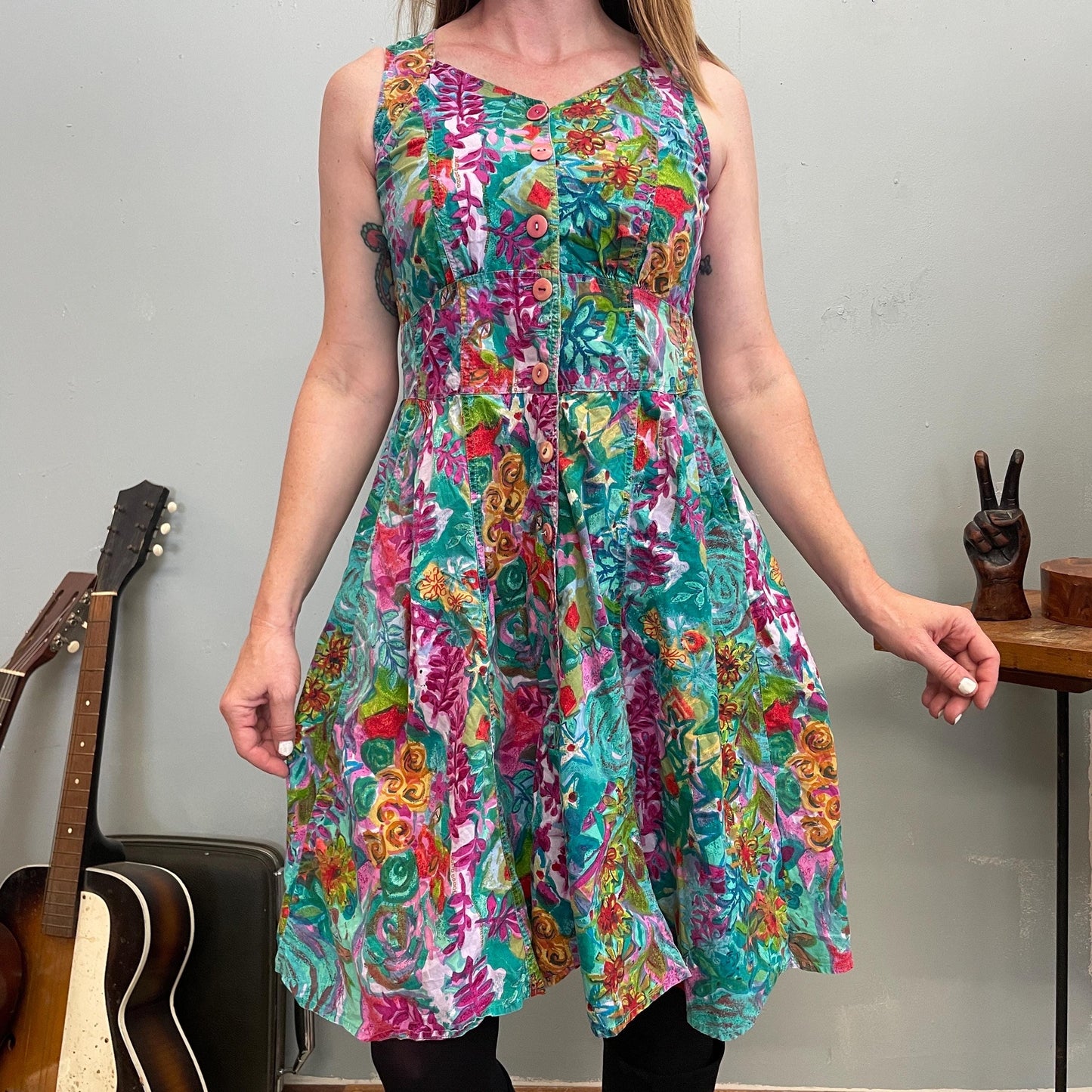 vtg 80s FLORAL CUT OUT Dress // all over print funky patterned midi back to school  tent dress teacher core tank mini psychedelic flower