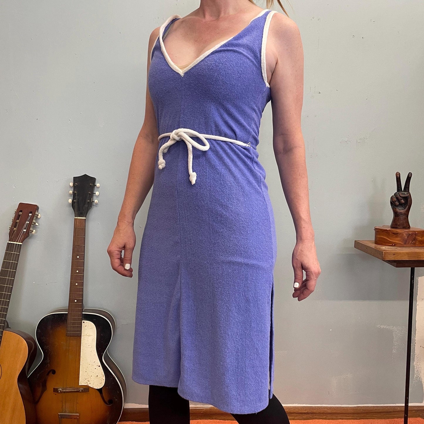 vtg 70s LAVENDER TERRYCLOTH DRESS // deep v neck belted tank cover up swim double vee low plunge cut out retro towel pool party casual sexy