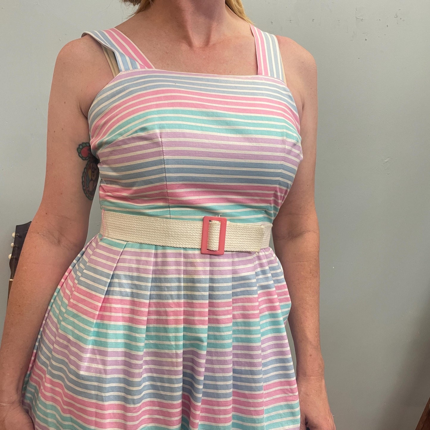 vtg 70s PASTEL STRIPED BELTED Dress // pockets cute preppy retro day dress fit n flare midi rainbow fairy tank dress valley girl 80s school