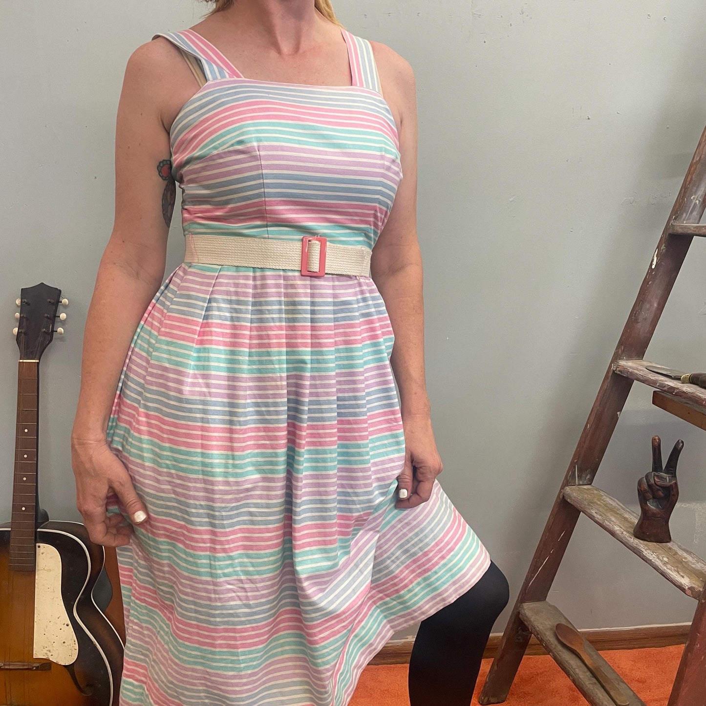 vtg 70s PASTEL STRIPED BELTED Dress // pockets cute preppy retro day dress fit n flare midi rainbow fairy tank dress valley girl 80s school