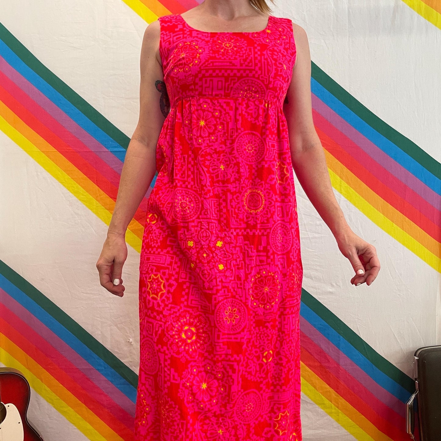 vtg 70s NEON PSYCHEDELIC MAXI // bright neon pink & yellow day glow tank dress hawaiian barkcloth hippie bohemian long flowy gown halloween