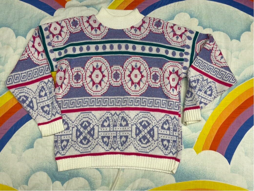 vtg 80s MATT JOHNSON SWEATER // kaleidoscope patterned abstract print sparkly fairy kei pastel lilac boxy cute back to school autumn cozy