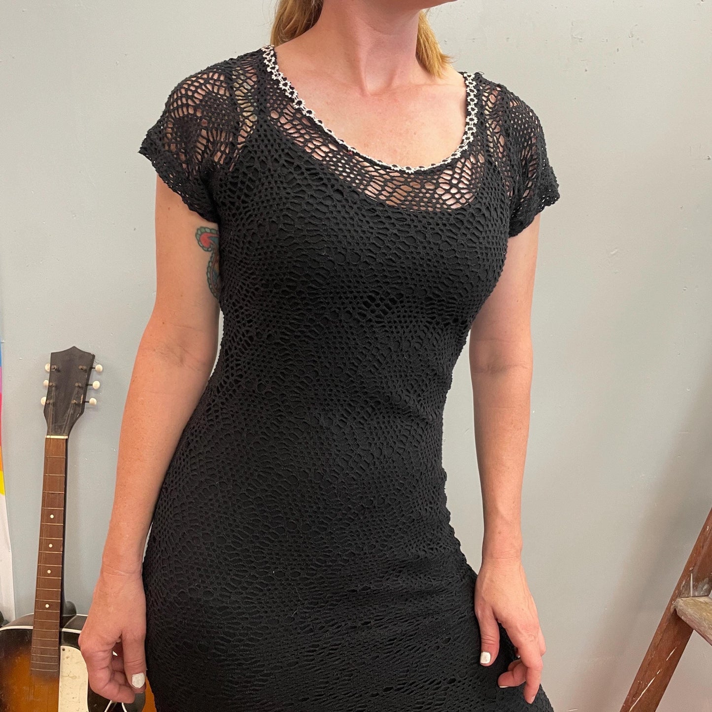 vtg 90s BLACK CROCHET DAISY Dress // sheer mesh white flower lined full length net maxi tank dress soft goth school minimalist lbd y2k style