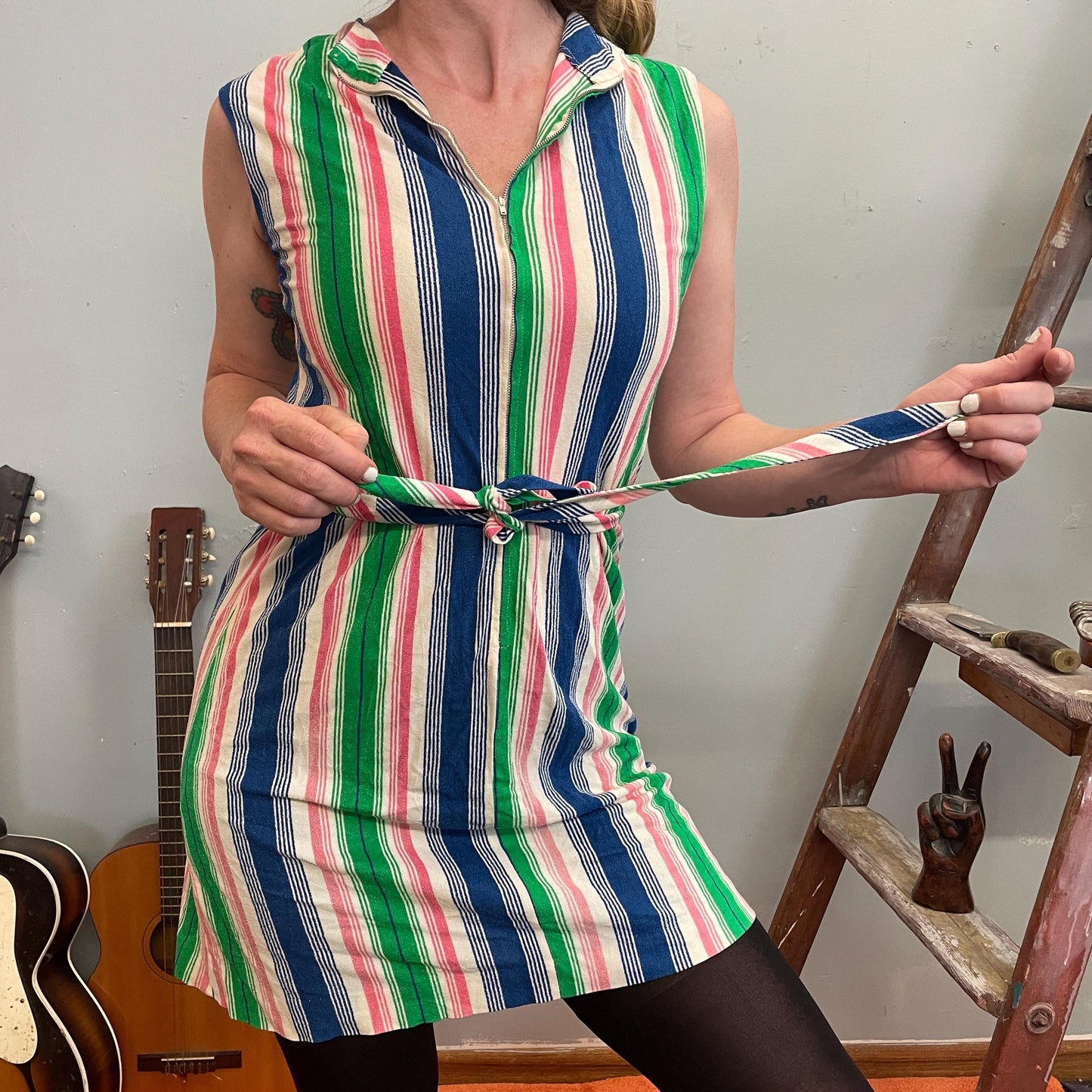 vtg 70s STRIPED TOWEL DRESS / candy striped belted mini dress bright neon beach cover up zip up fun funky 70s roller disco shift dress cute