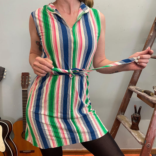 vtg 70s STRIPED TOWEL DRESS / candy striped belted mini dress bright neon beach cover up zip up fun funky 70s roller disco shift dress cute