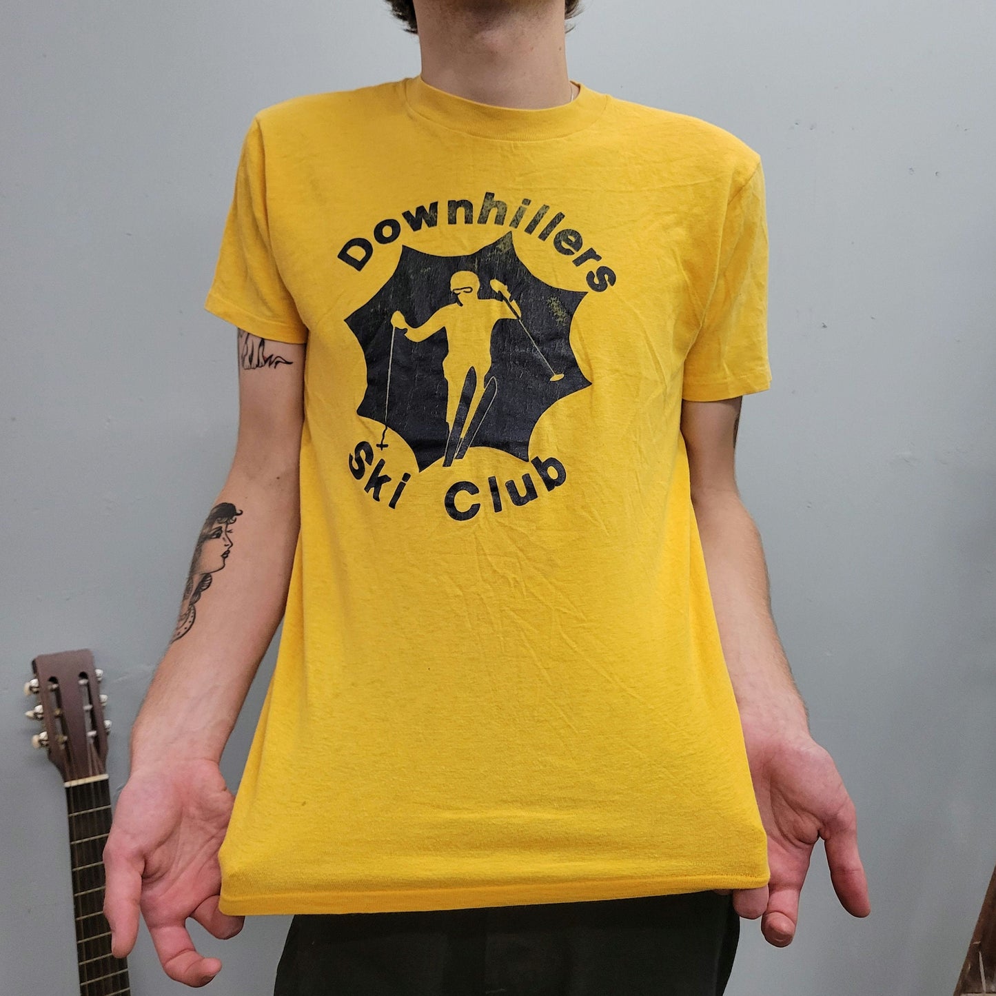 vtg 70s DOWN HILLERS SKI Club tshirt // vintage yellow thin cotton tko winter snow sport team outdoor skiing slopes mountains retro graphic