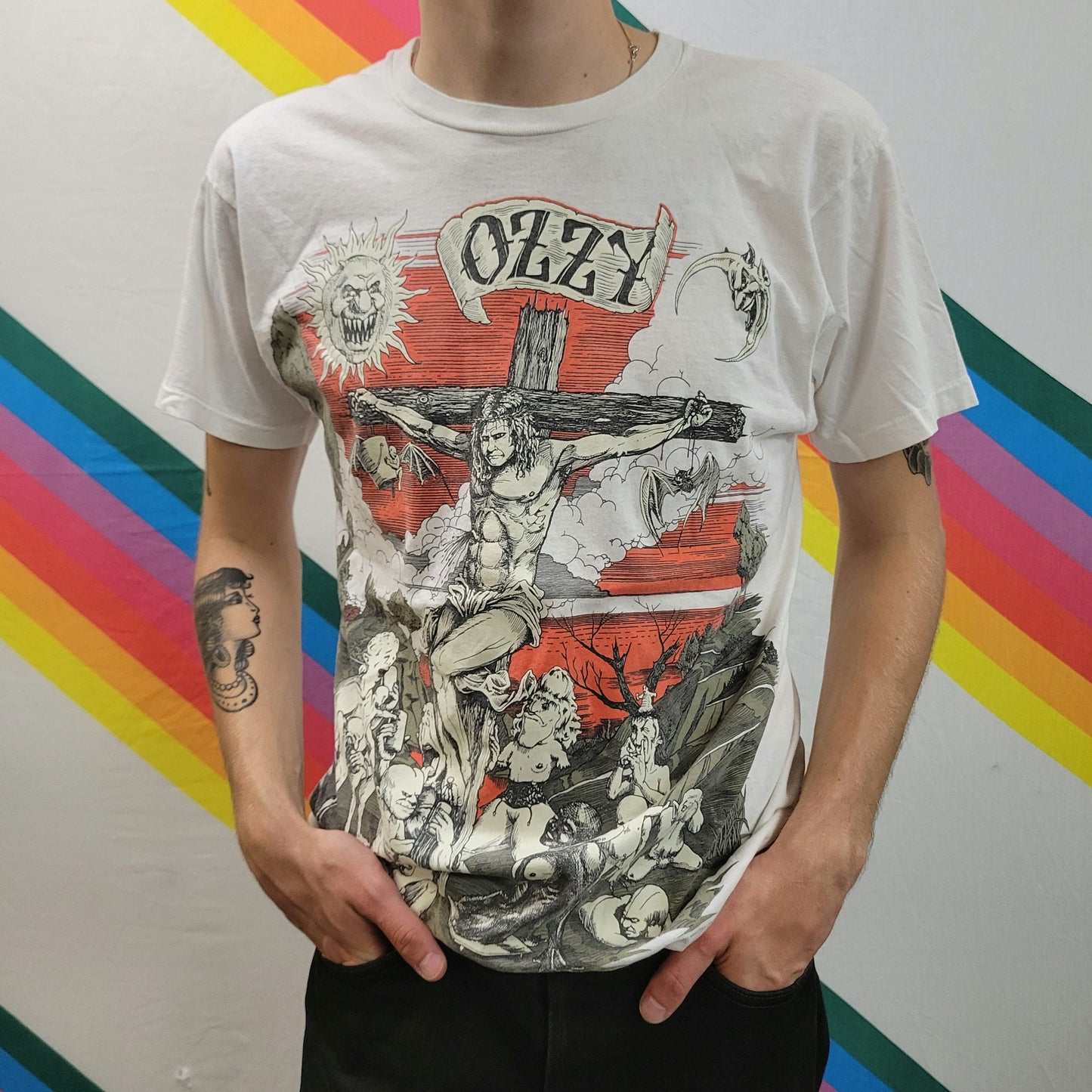 vtg 90s OZZY OSBOURNE TSHIRT // 1991 vintage single stitch hanes glow in dark jesus devil print aop gargoyle dark prince blacl sabbath 80s