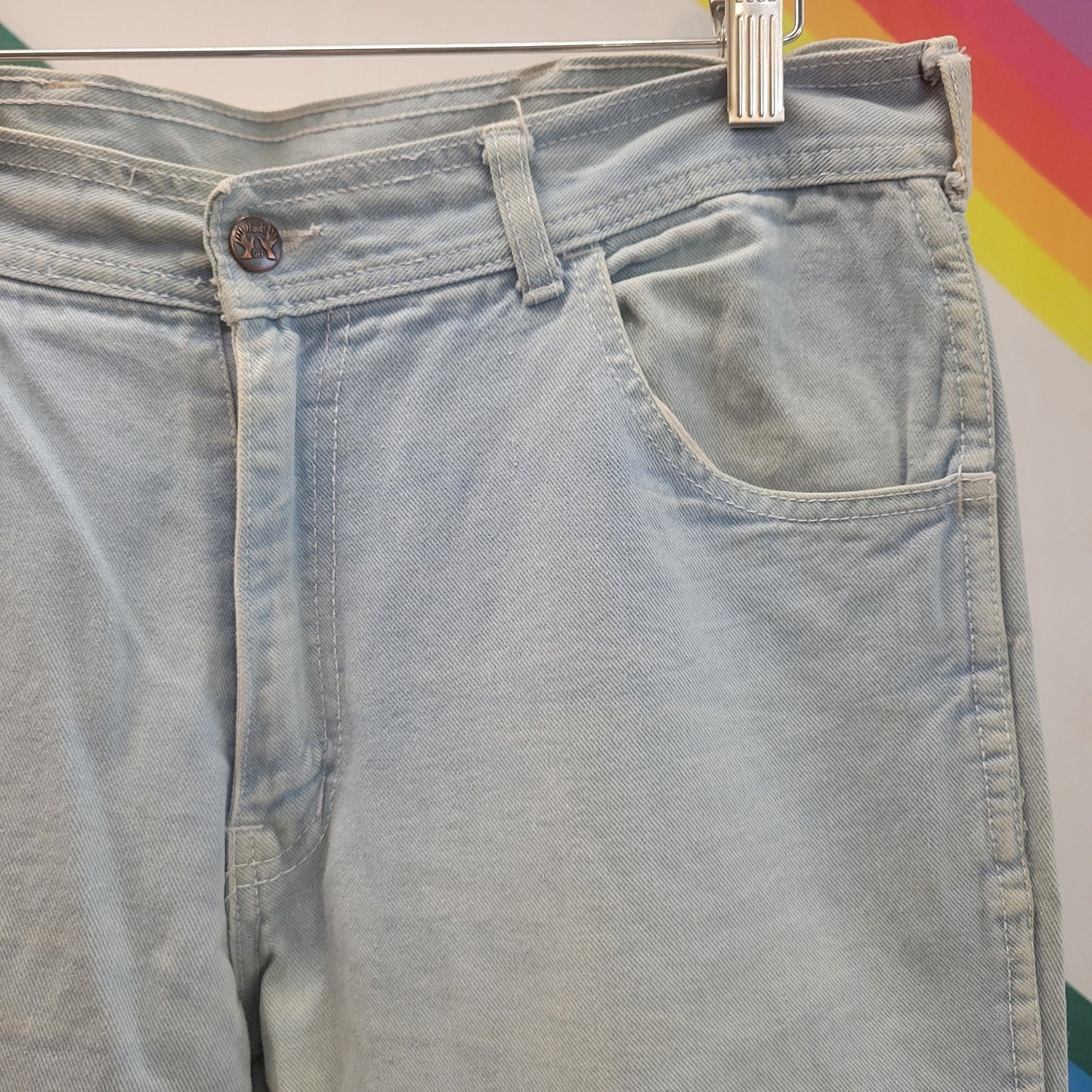 vtg 70s SEARS hands off FLARE JEANS 34 x 33 // vintage distressed denim boho straight leg boot cut bellbottoms light wash high rise denim