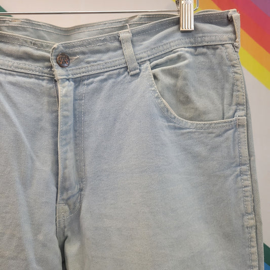 vtg 70s SEARS hands off FLARE JEANS 34 x 33 // vintage distressed denim boho straight leg boot cut bellbottoms light wash high rise denim