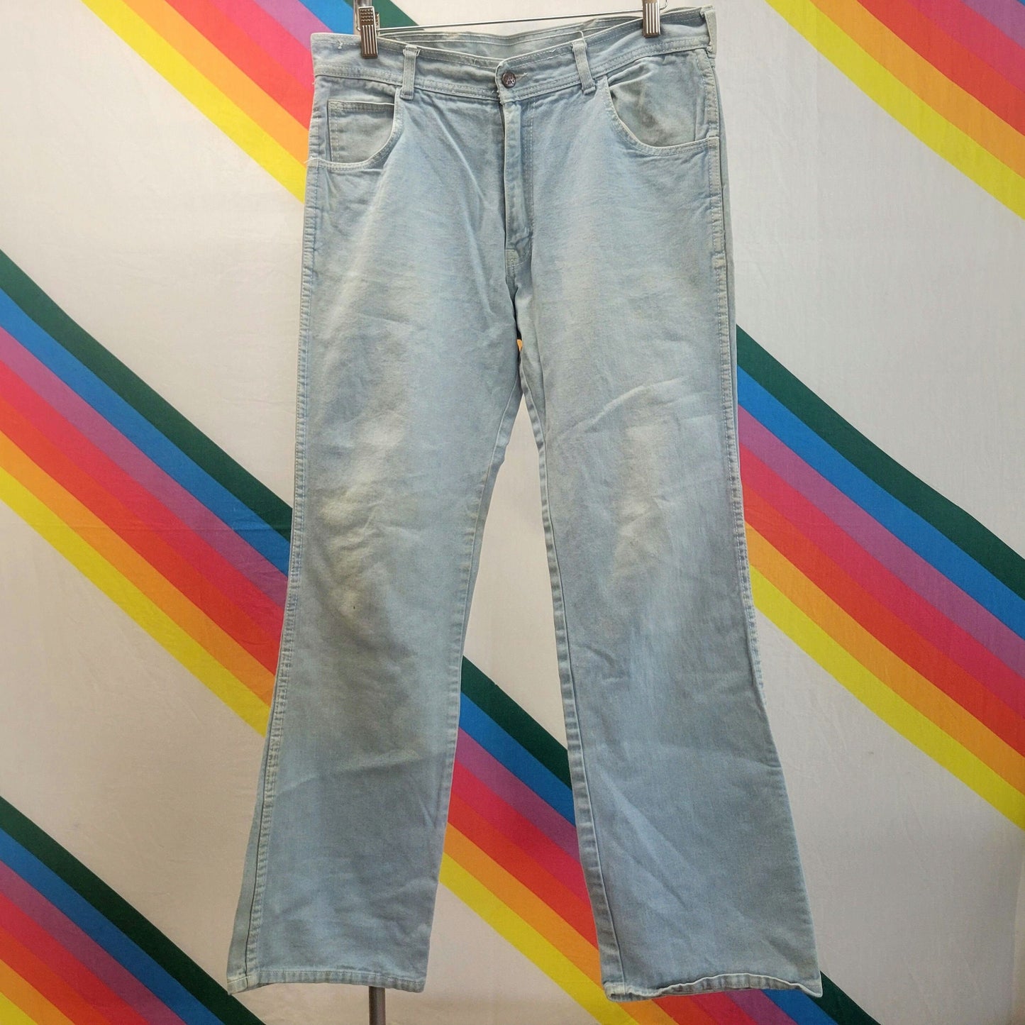vtg 70s SEARS hands off FLARE JEANS 34 x 33 // vintage distressed denim boho straight leg boot cut bellbottoms light wash high rise denim