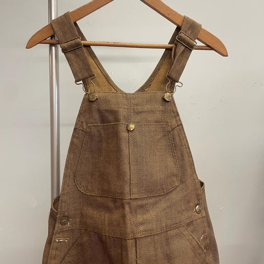 vtg 70s POLLY OVERALL SHORTS // goldish brown petite workwear coveralls jants camo rugged hunter carhartt style retro playsuit romper denim