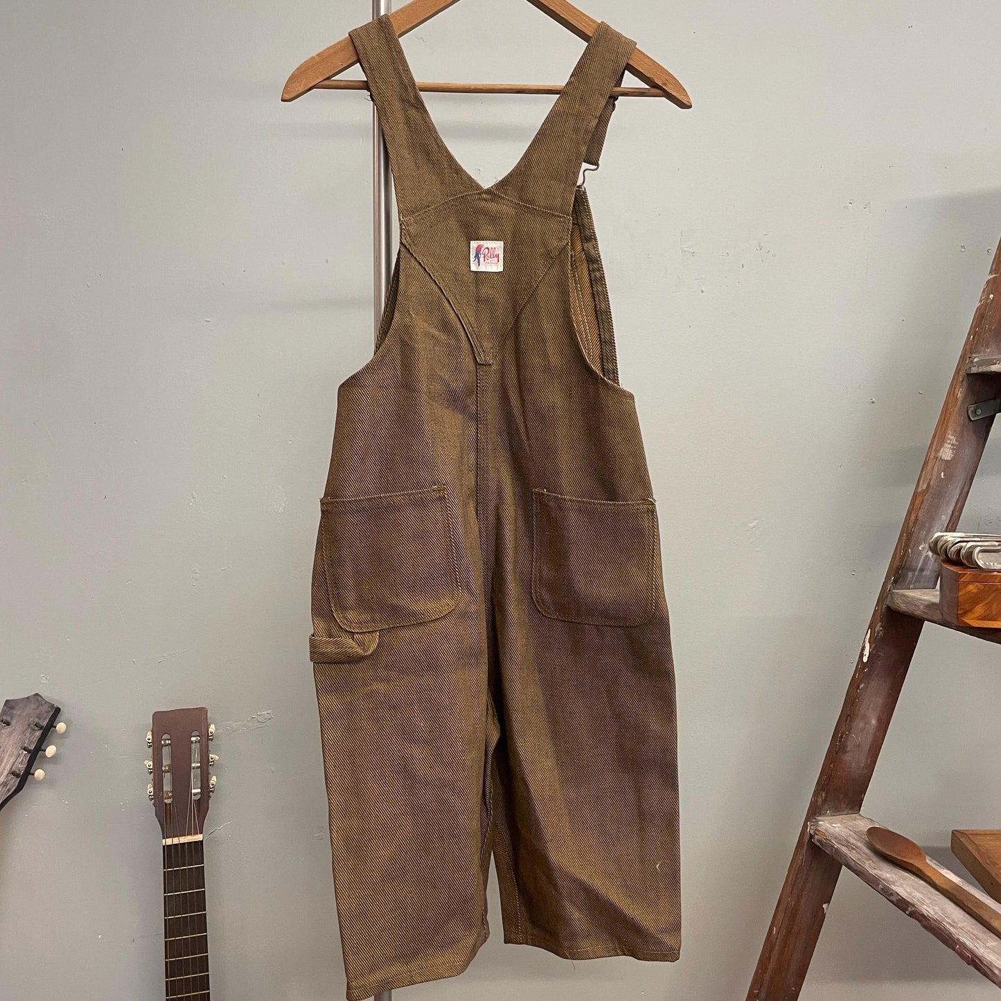 vtg 70s POLLY OVERALL SHORTS // goldish brown petite workwear coveralls jants camo rugged hunter carhartt style retro playsuit romper denim