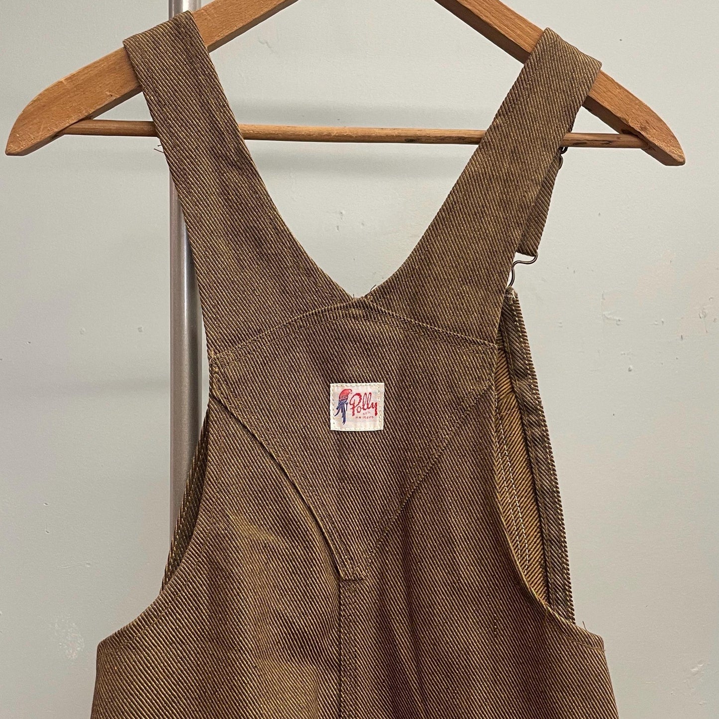 vtg 70s POLLY OVERALL SHORTS // goldish brown petite workwear coveralls jants camo rugged hunter carhartt style retro playsuit romper denim