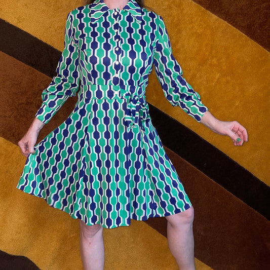 vtg 60s GEOMETRIC WRAP DRESS //  abstract jewel tones green blue hour glass patterned mid century pointy collar mod pop art wrap swing dress