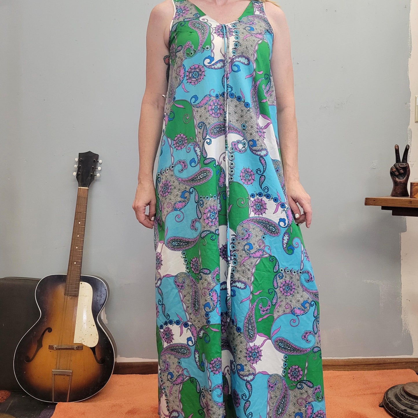vtg 70s PSYCHEDELIC TANK DRESS // v neck kaleidoscope tent dress caftan muu muu flowy ethereal floral lightweight breezy layering maxi party