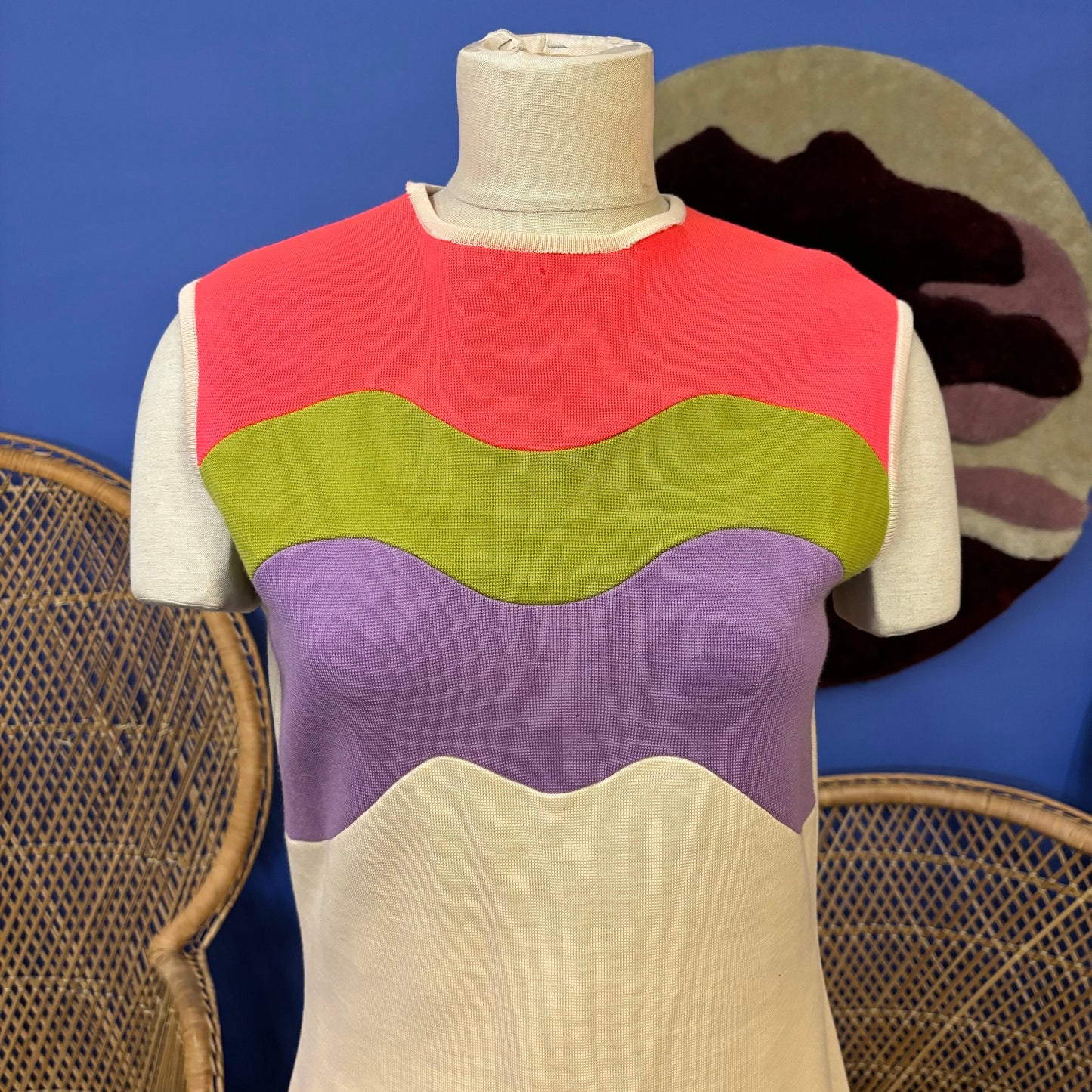 vtg 60s PSYCHEDELIC TWO PIECE Set // mod fringe shawl Jonathan Phillips italian wool tri tone color block capelet and matching dress set