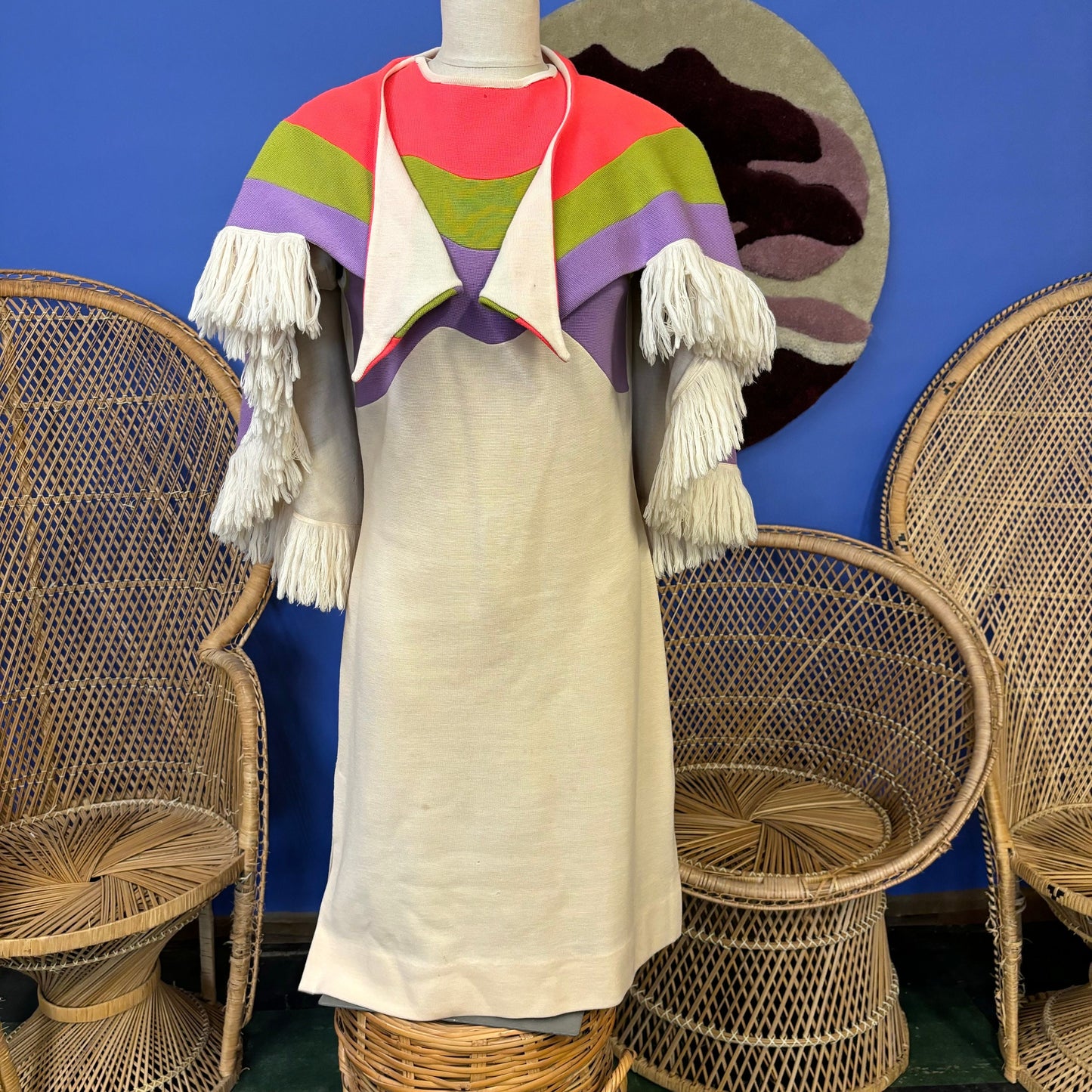 vtg 60s PSYCHEDELIC TWO PIECE Set // mod fringe shawl Jonathan Phillips italian wool tri tone color block capelet and matching dress set