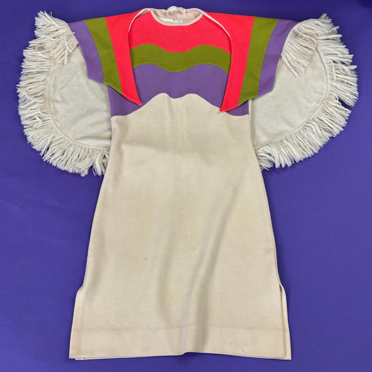 vtg 60s PSYCHEDELIC TWO PIECE Set // mod fringe shawl Jonathan Phillips italian wool tri tone color block capelet and matching dress set