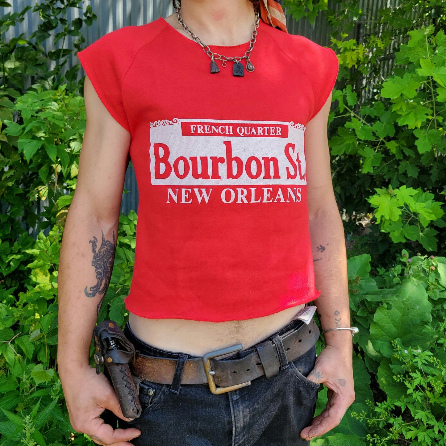 vtg 80s BOURBON ST SLEEVELESS top // vintage french quarter new orleans sweatshirt workout tank gym aerobics red sweat yoga shirt tee