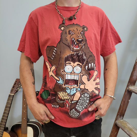 vtg 90s SCARED STIFF TSHIRT // vintage bear camp tent woods skater comic aop cartoon meme outdoors tourist crude maroon grunge punk tour