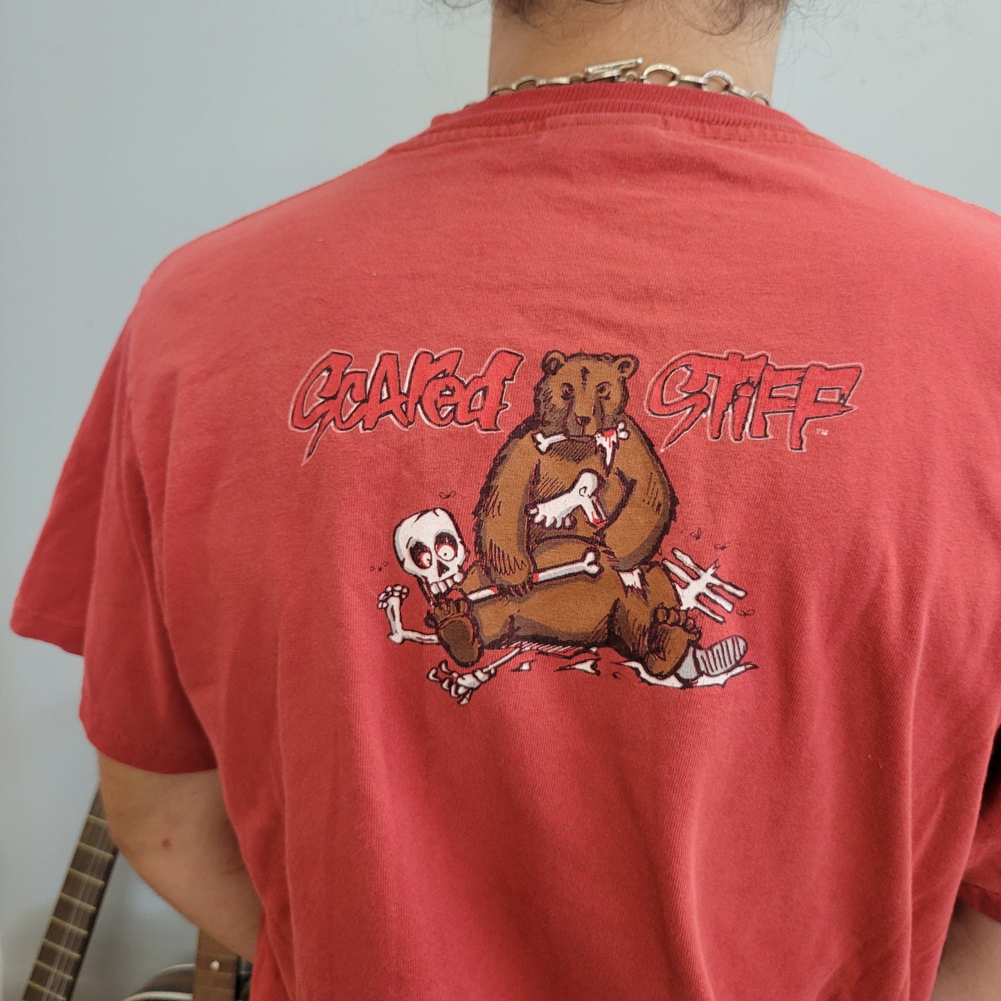 vtg 90s SCARED STIFF TSHIRT // vintage bear camp tent woods skater comic aop cartoon meme outdoors tourist crude maroon grunge punk tour
