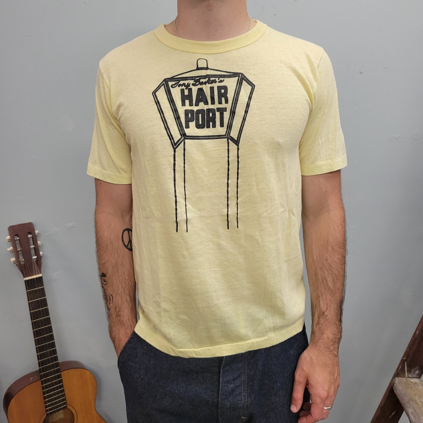 vtg 70s HAIR PORT TSHIRT // vintge paper thin single stitch shirt beige light yellow thin hippie camp style felt cotton fashion true basic