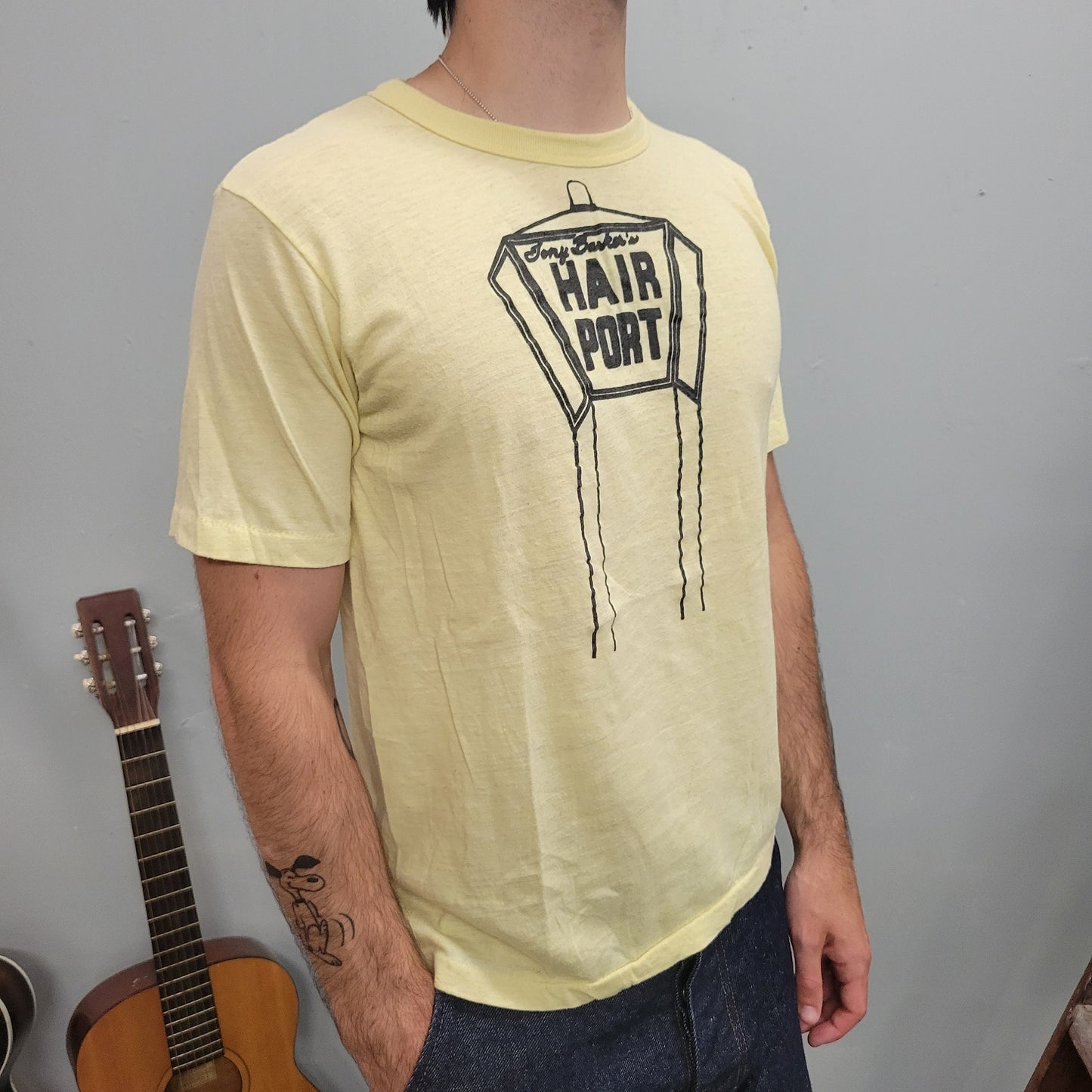 vtg 70s HAIR PORT TSHIRT // vintge paper thin single stitch shirt beige light yellow thin hippie camp style felt cotton fashion true basic