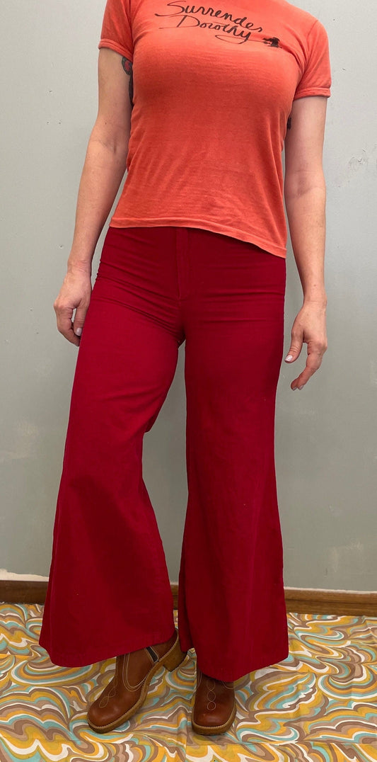 vtg 70s BELLBOTTOMS // super high waisted corduroy bell bottom pants elephant bells mega wide leg slacks red trousers hippie boho autumn fit