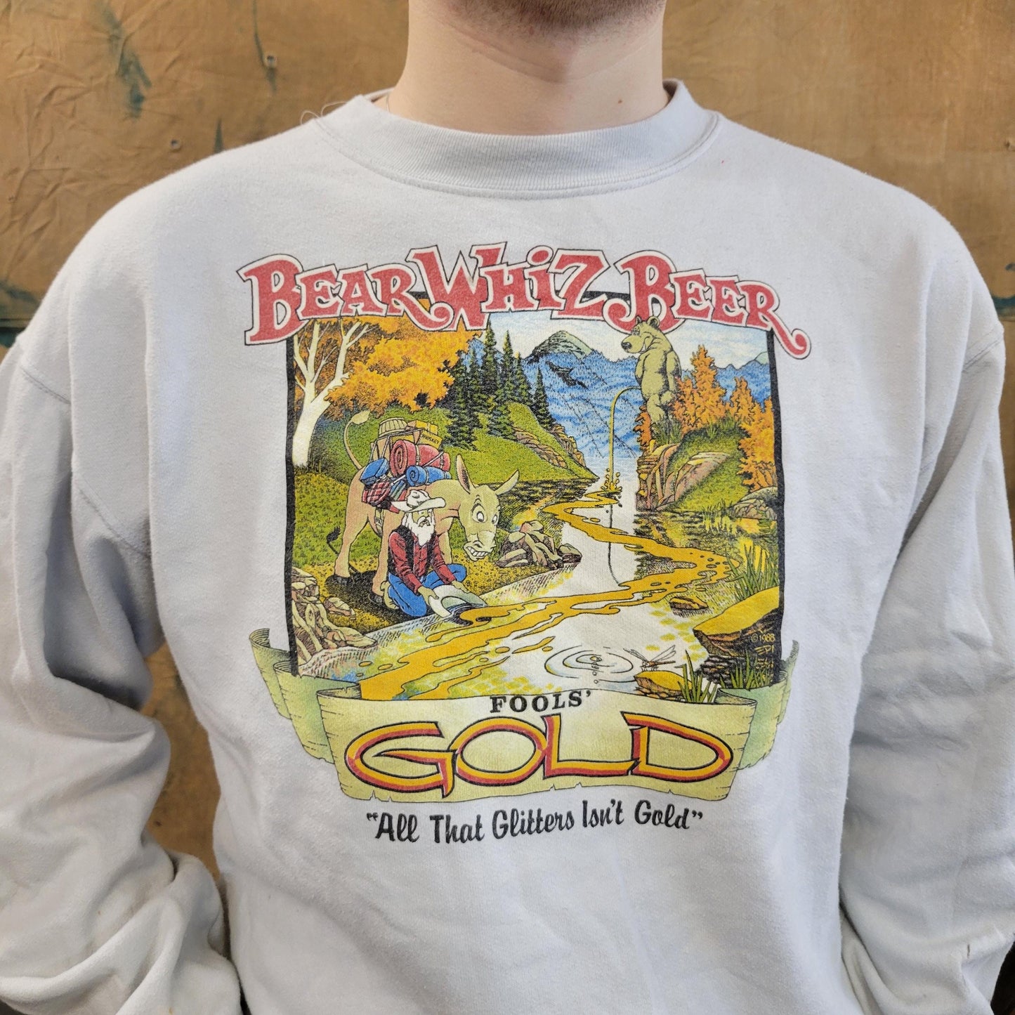 vtg 80s BEAR BEER SWEATSHIRT // vintage distressed wizz cartoon tourist camp fools glitter gold sweater comfy dad college frat cute 90s