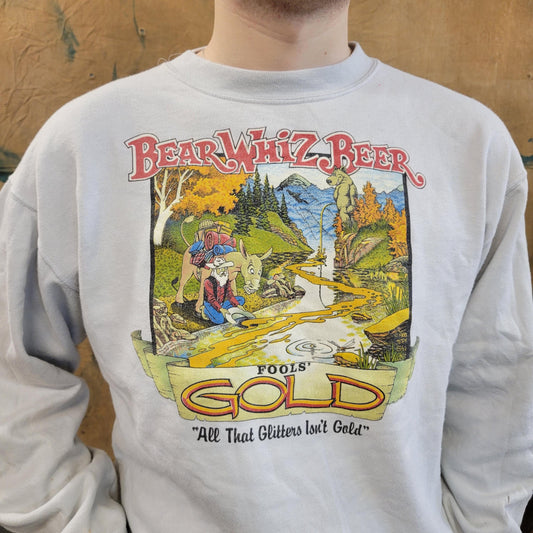 vtg 80s BEAR BEER SWEATSHIRT // vintage distressed wizz cartoon tourist camp fools glitter gold sweater comfy dad college frat cute 90s