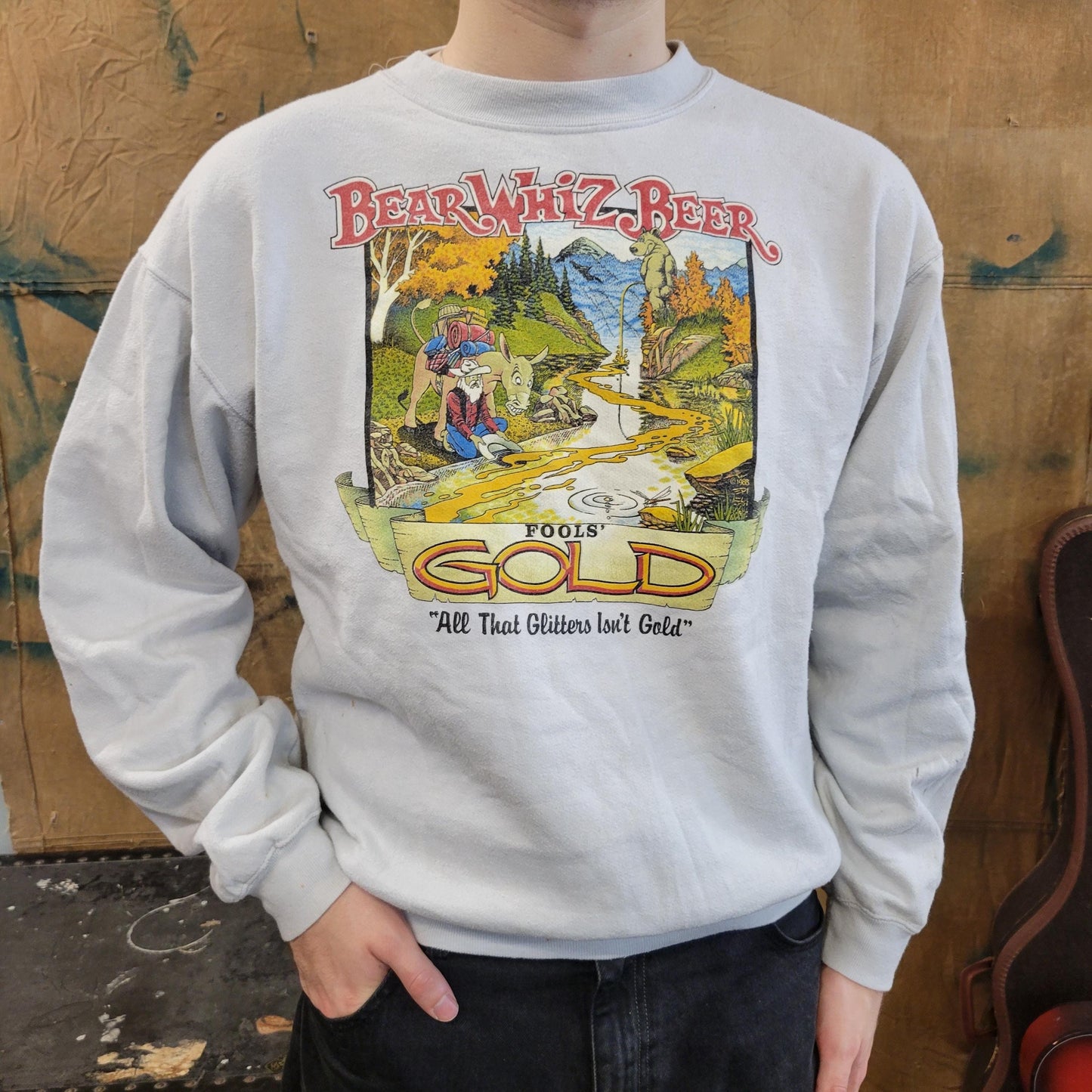 vtg 80s BEAR BEER SWEATSHIRT // vintage distressed wizz cartoon tourist camp fools glitter gold sweater comfy dad college frat cute 90s