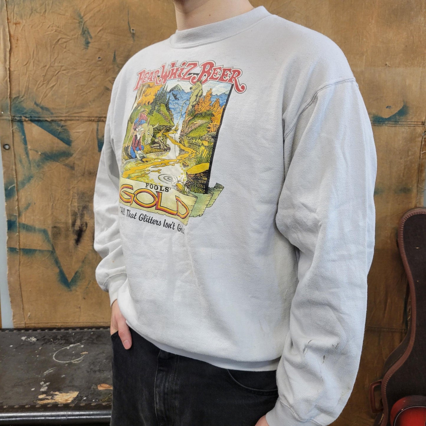 vtg 80s BEAR BEER SWEATSHIRT // vintage distressed wizz cartoon tourist camp fools glitter gold sweater comfy dad college frat cute 90s