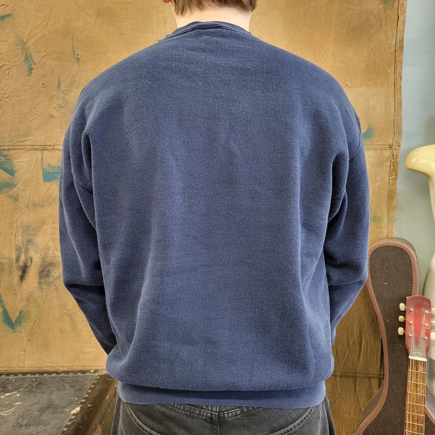 vtg 90s GLOVED handcuffs SWEATSHIRT // vintage brand style designer fashion grunge hype blue navy true fade thumb holes skater punk style