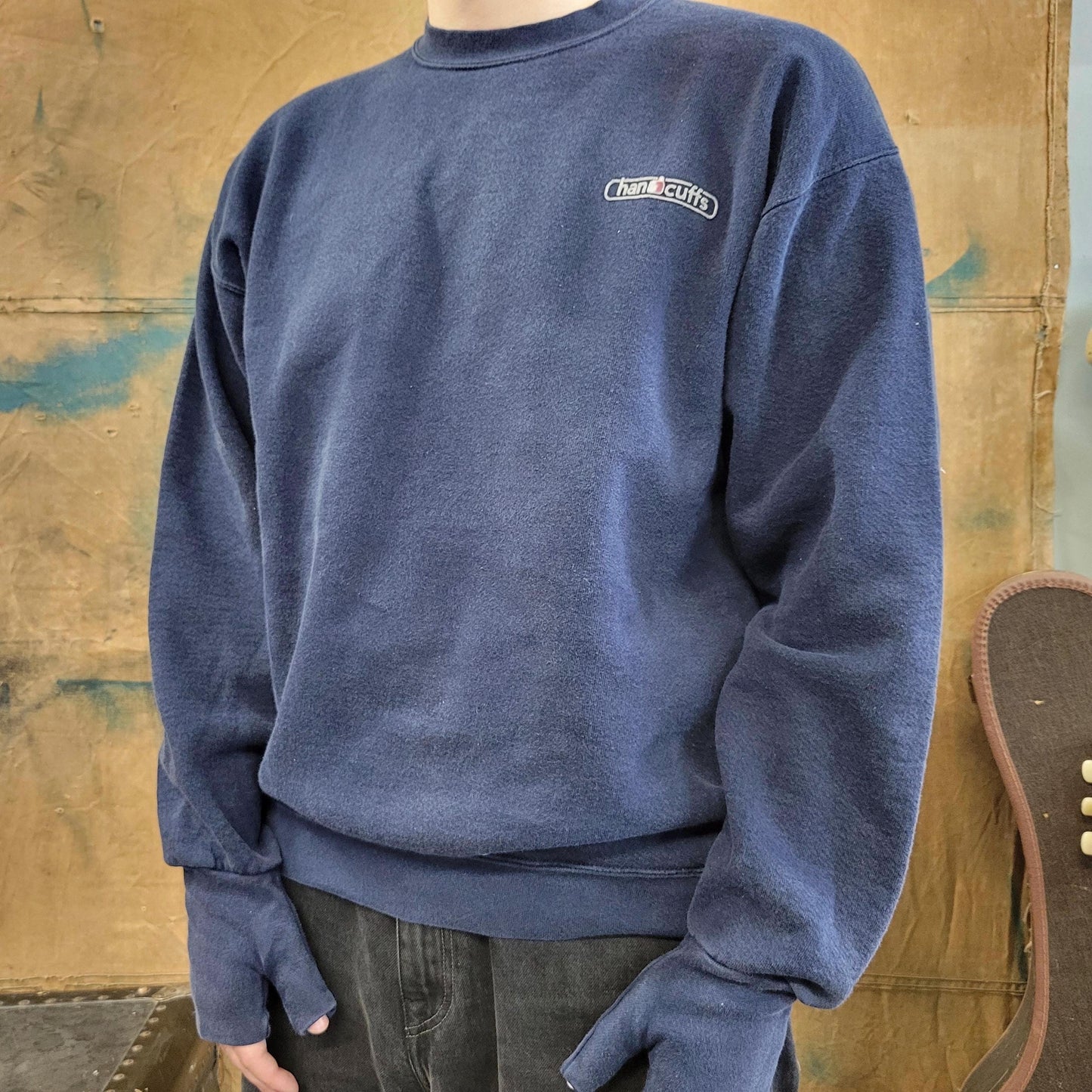 vtg 90s GLOVED handcuffs SWEATSHIRT // vintage brand style designer fashion grunge hype blue navy true fade thumb holes skater punk style