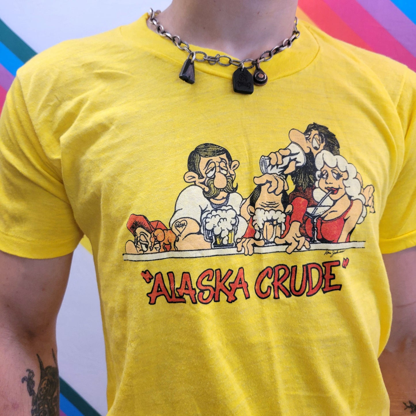 vtg 80s ALASKA CRUDE TSHIRT // vintage thin yellow sunflower bar bartender beer shots liquor store pub drink drinking country dive club gin
