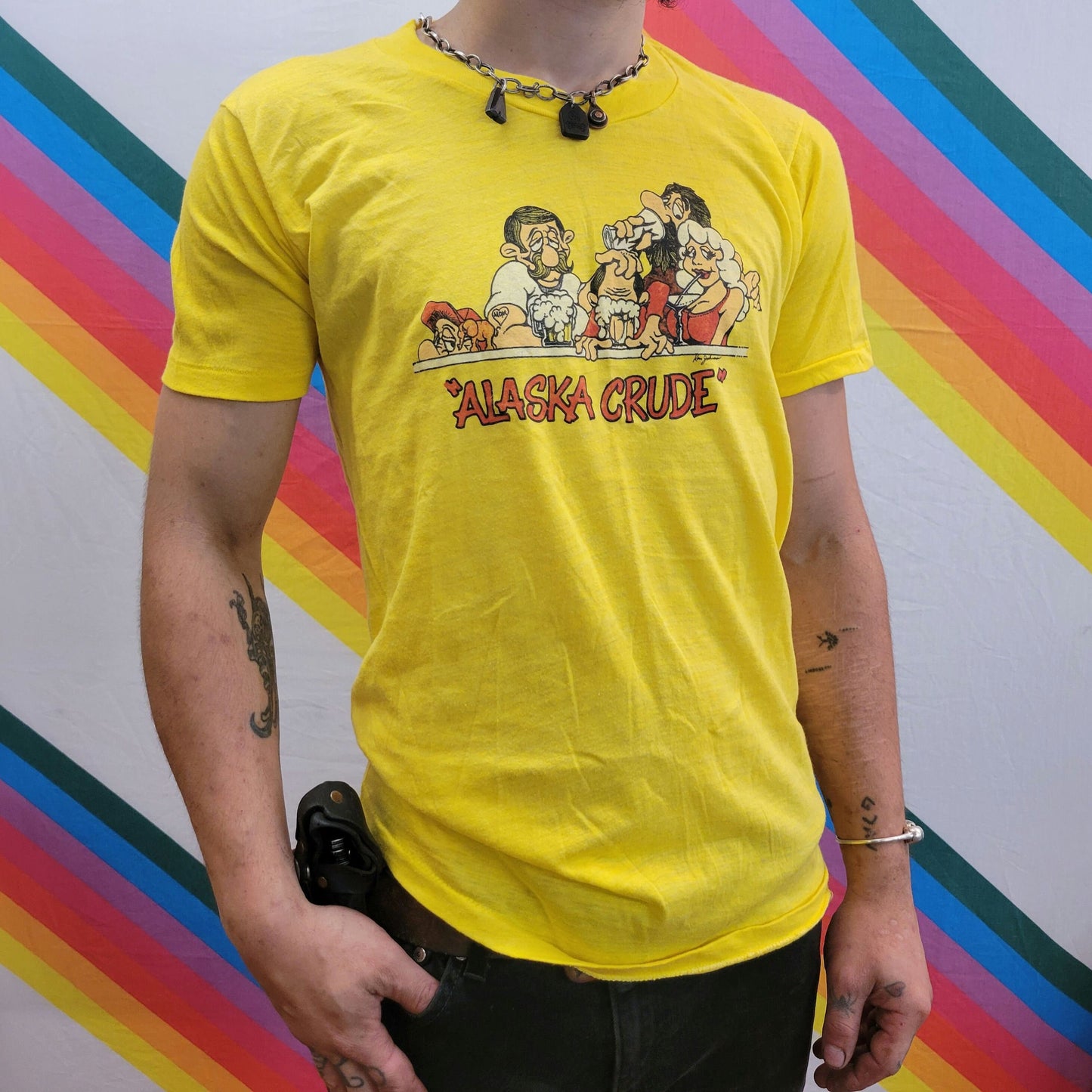 vtg 80s ALASKA CRUDE TSHIRT // vintage thin yellow sunflower bar bartender beer shots liquor store pub drink drinking country dive club gin