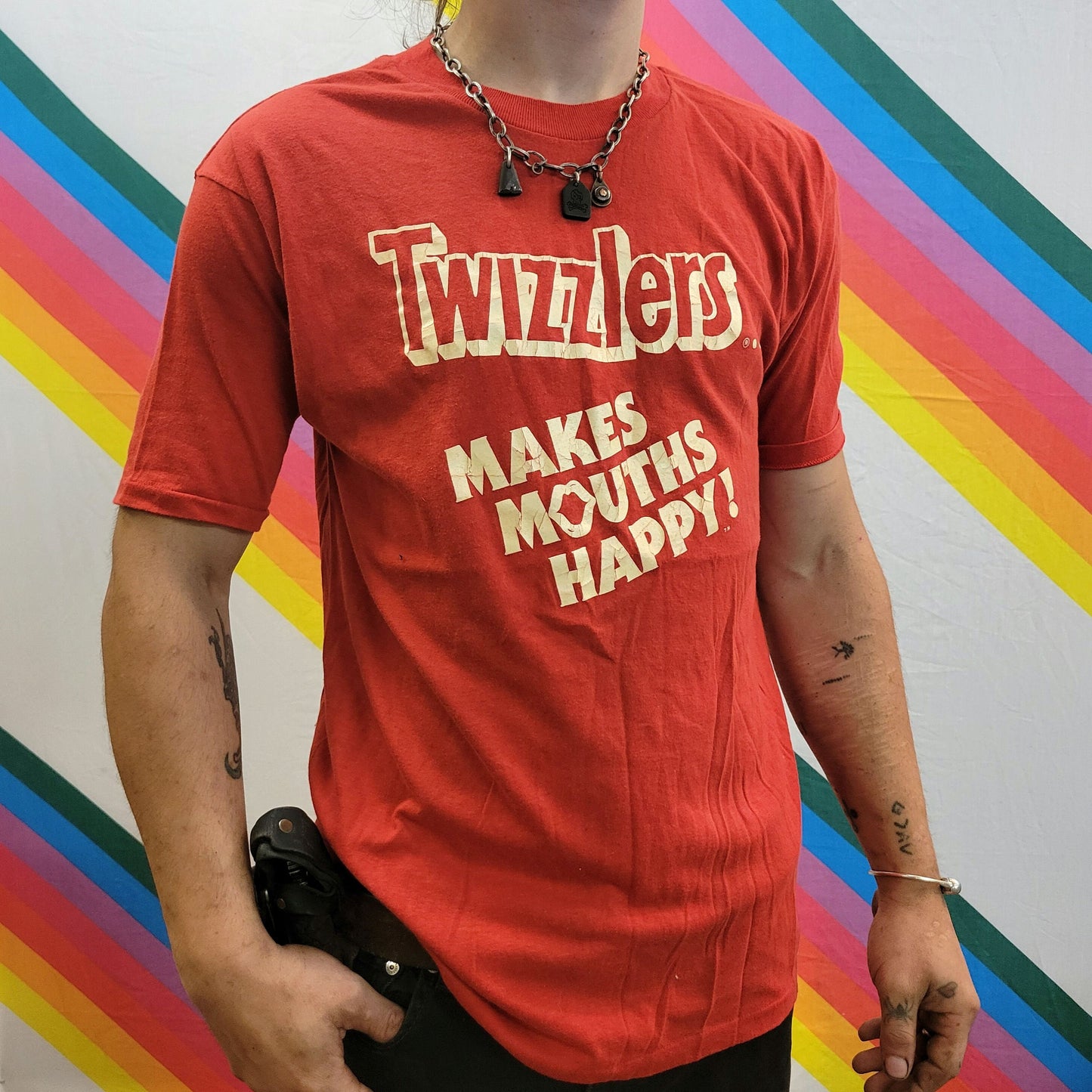 vtg 80s TWIZZLERS CANDY TSHIRT // vintage single stitch unisex boi big red camp candy snack sugar rush vegan spiral diabetes daddy band