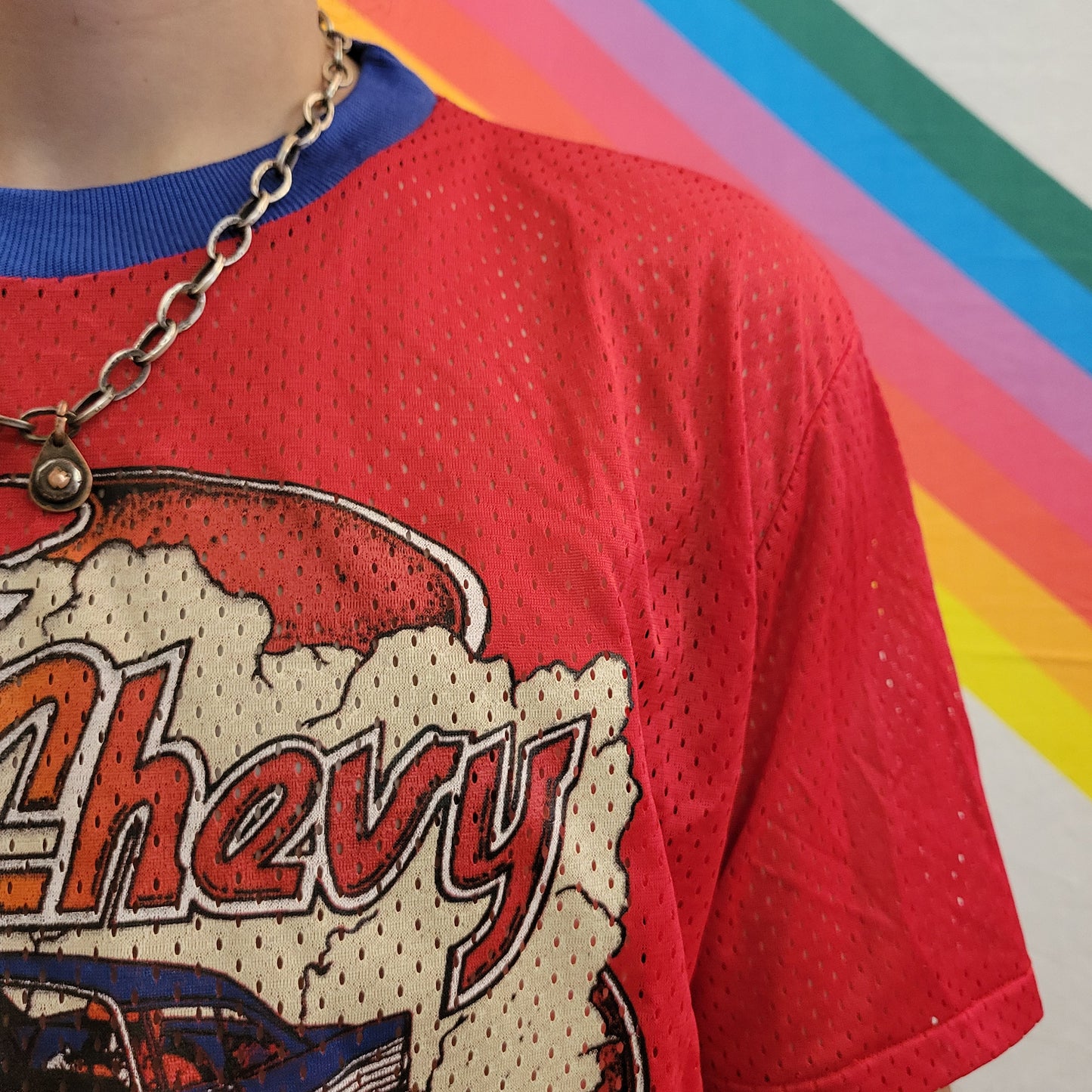 vtg 70s 57 MESH CHEVY JERSEY // vintage kids teen mesh sport shirt tee cars trucks hotrod classic 1957 oldies chevrolet football style