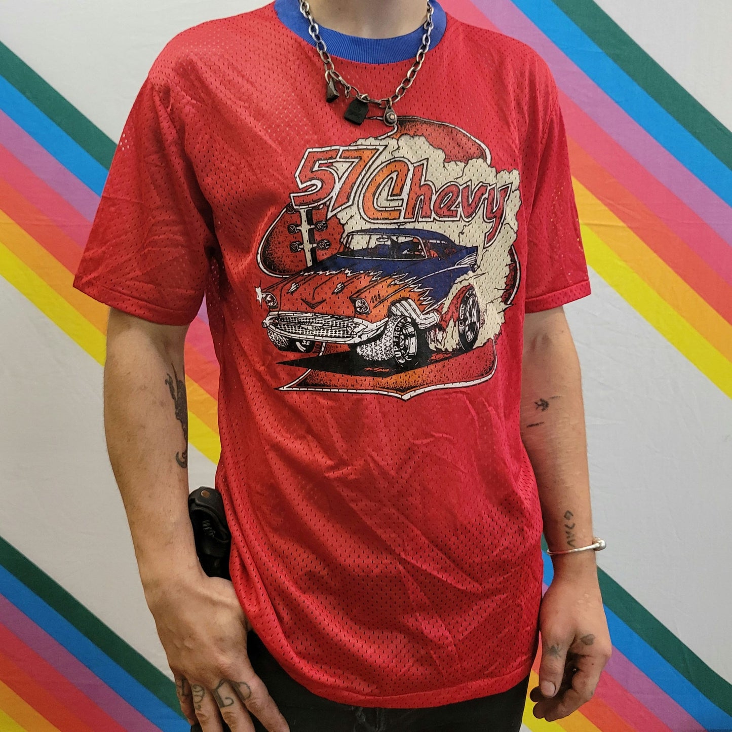 vtg 70s 57 MESH CHEVY JERSEY // vintage kids teen mesh sport shirt tee cars trucks hotrod classic 1957 oldies chevrolet football style