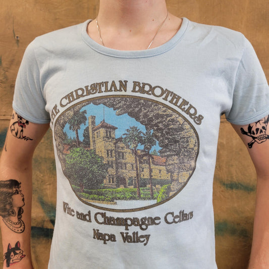 vtg 70s CHRISTIAN BROTHERS wine TSHIRT // vintage femme cut ribbed stretch short sleeves 1970s shirt tee alcohol vineyard grapes merlot