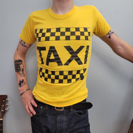 vtg 70s YELLOW TAXI TSHIRT // vintage muscle tee pop art black yellow checkered mod sleeveless shirt sexy icon tank top ny retro punk