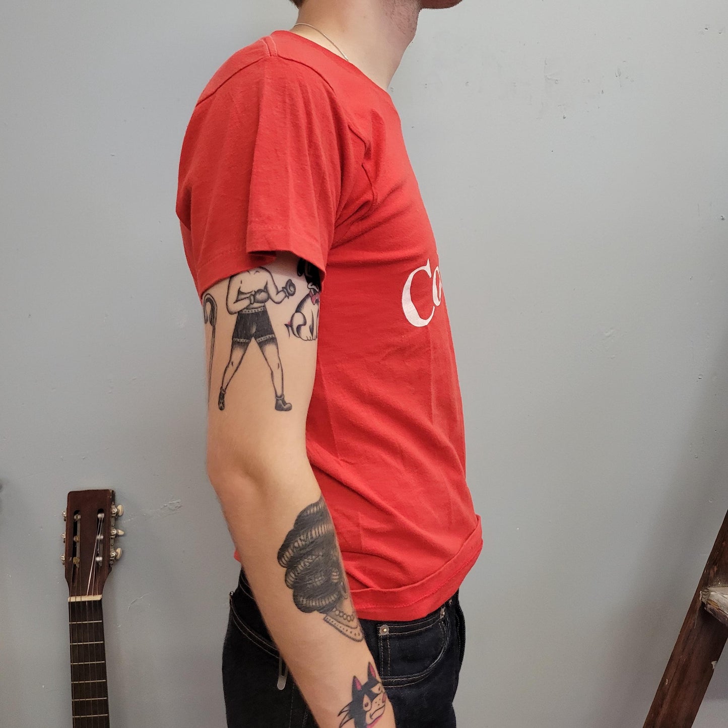 vtg 80s COCA COLA TSHIRT // vintage thin screen stars graphic emblem coke pepsi retro snack soda pop sugar drink classic red retro true