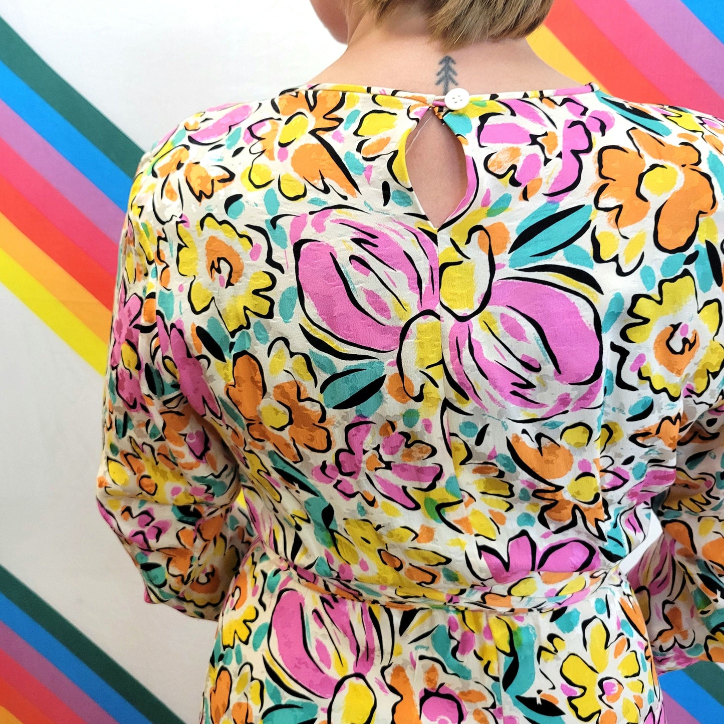 vtg 80s BRIGHT FLORAL DRESS // pastel watercolor flower print belted rayon lightweight funky flowy boutique full length flower power slinky